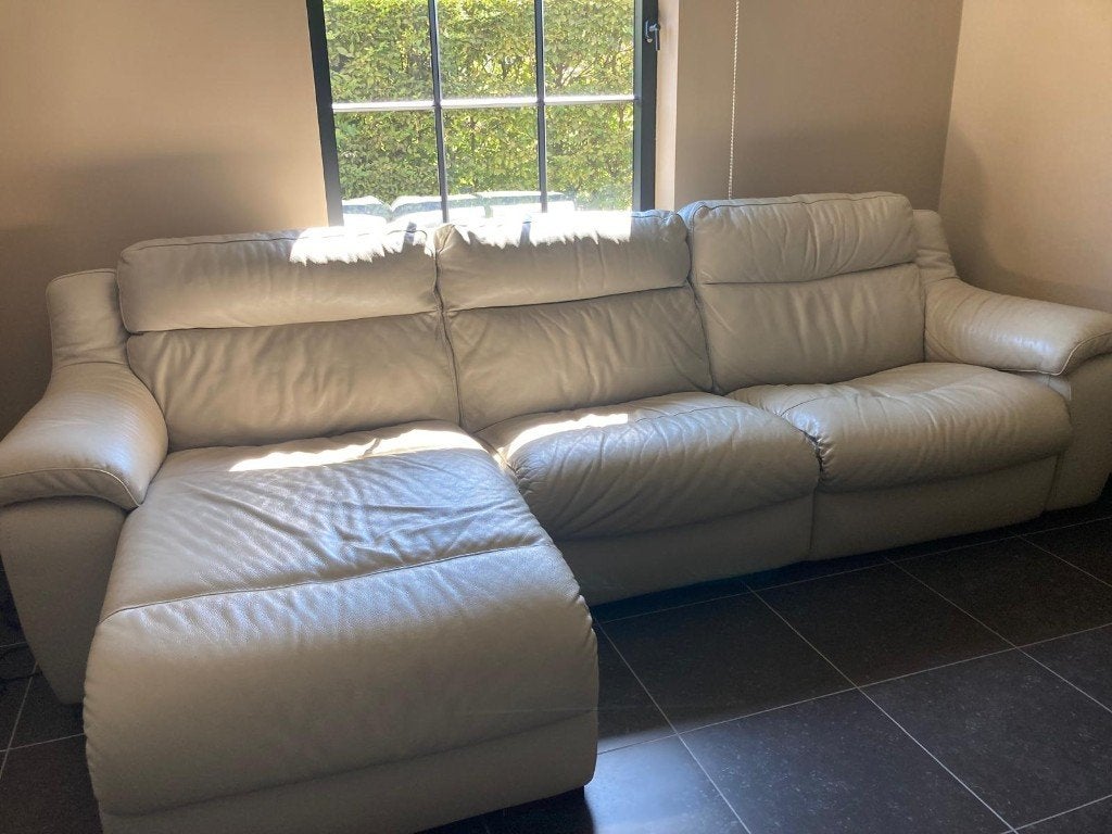 Mooie lederen zetel 3 zit met ligbed relax, Ophalen, 250 tot 300 cm, Driepersoons, Leer