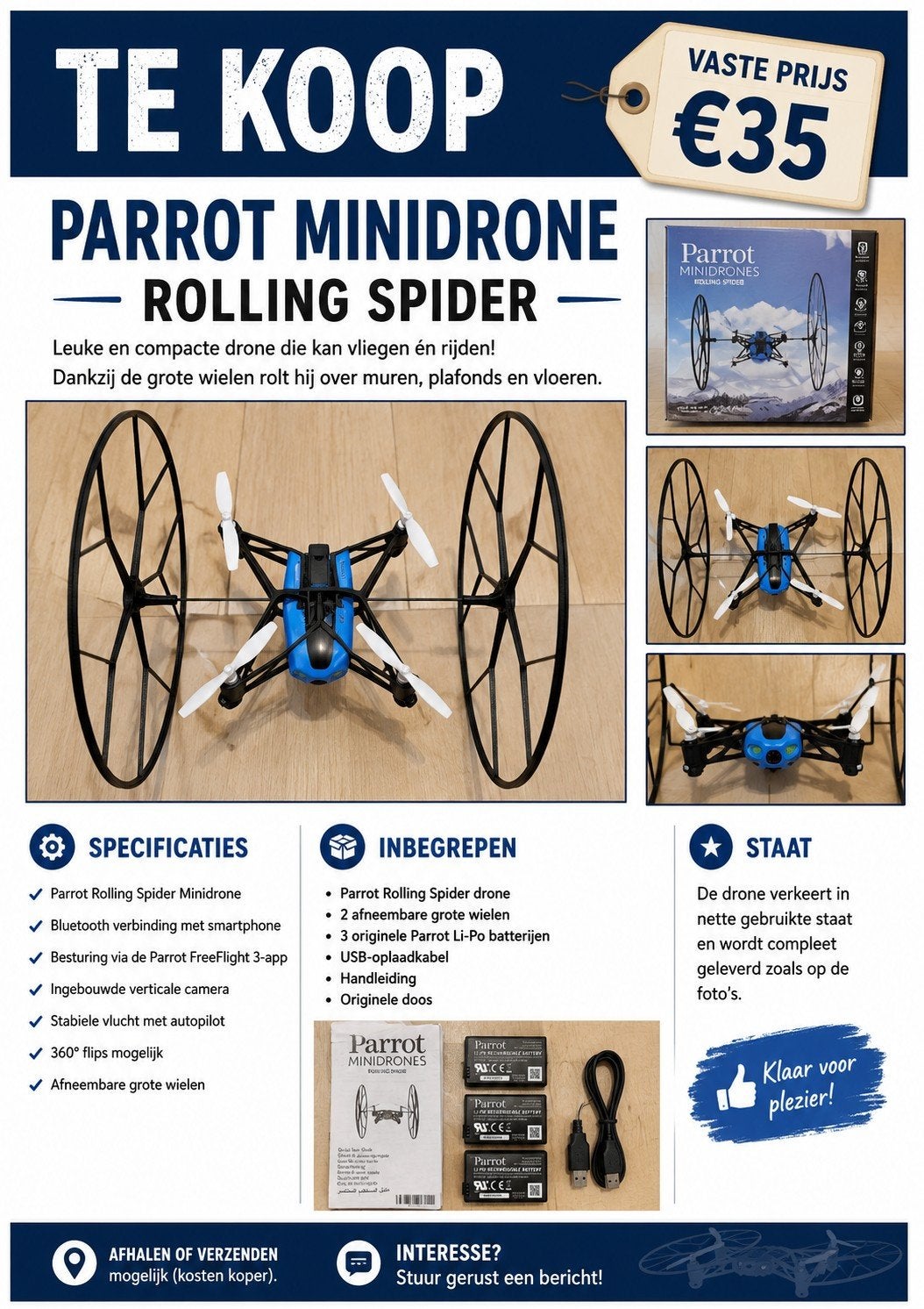 Parrot Minidrone Rolling Spider – Compleet met 3 batterijen, Enlèvement, Parrot