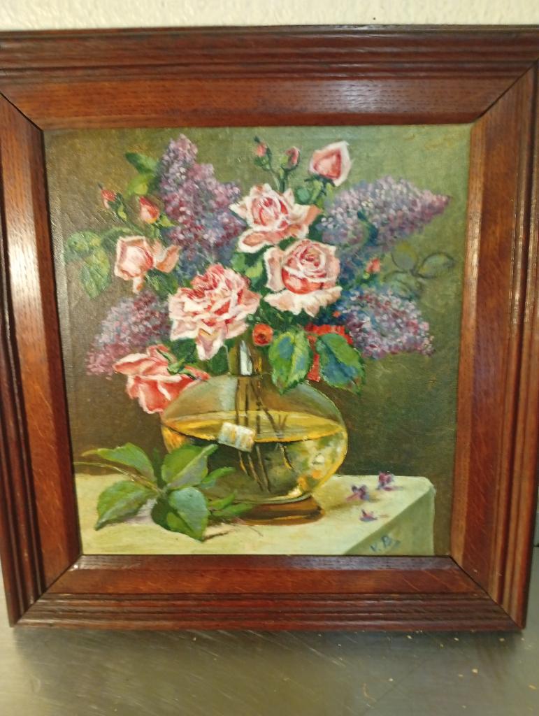 Oud olieverfschilderij op canvas Boeket van rozen &seringen, Ophalen