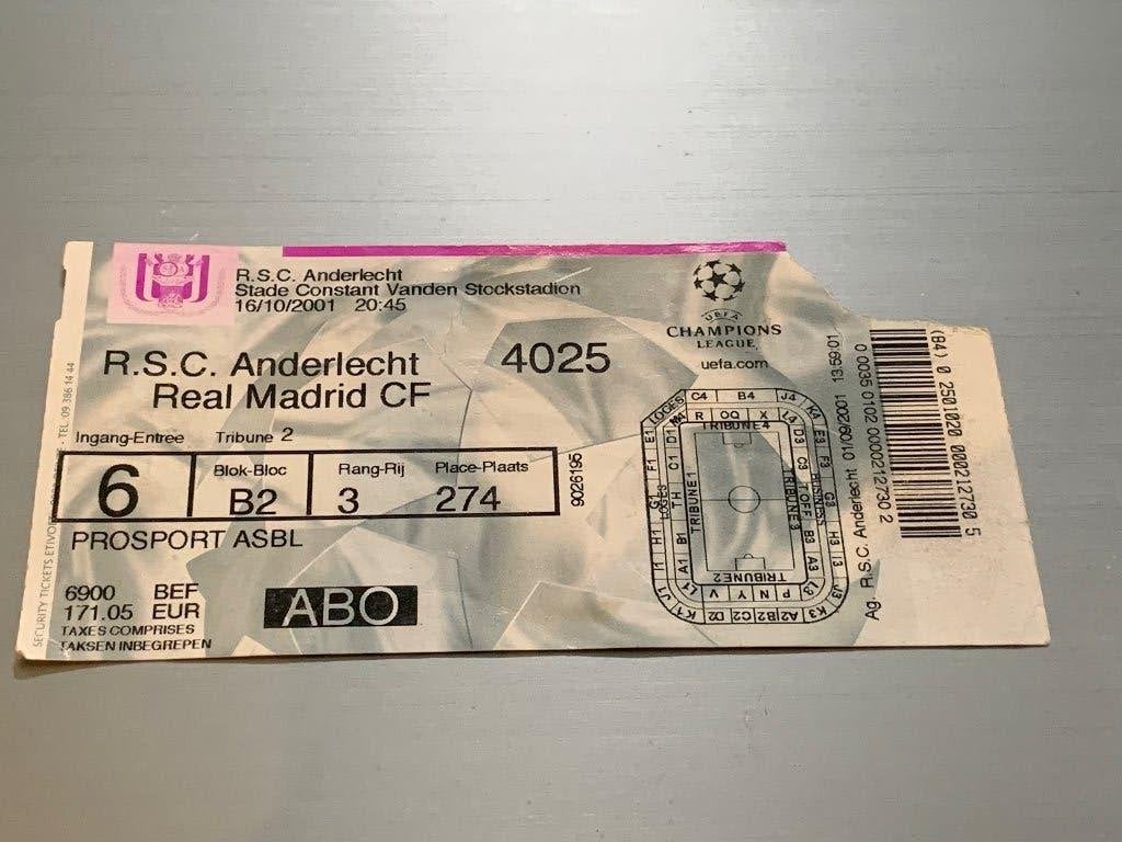 Billet de football Anderlecht Real Madrid 2001, Collections, Enlèvement ou Envoi, Utilisé, Autres types