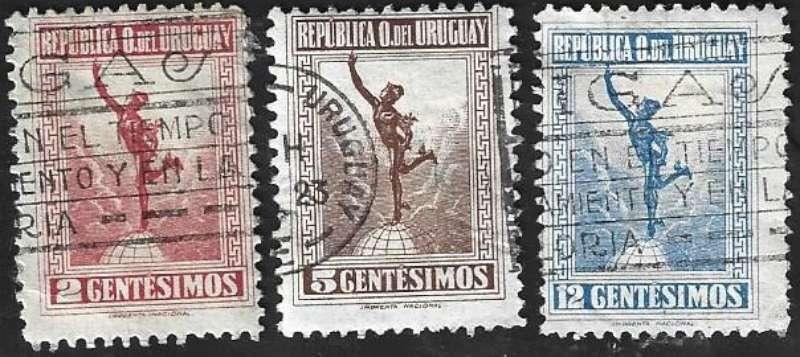 3 Postzegels Uruguay 1922 Mercurius, Ophalen of Verzenden, Gestempeld, Zuid-Amerika