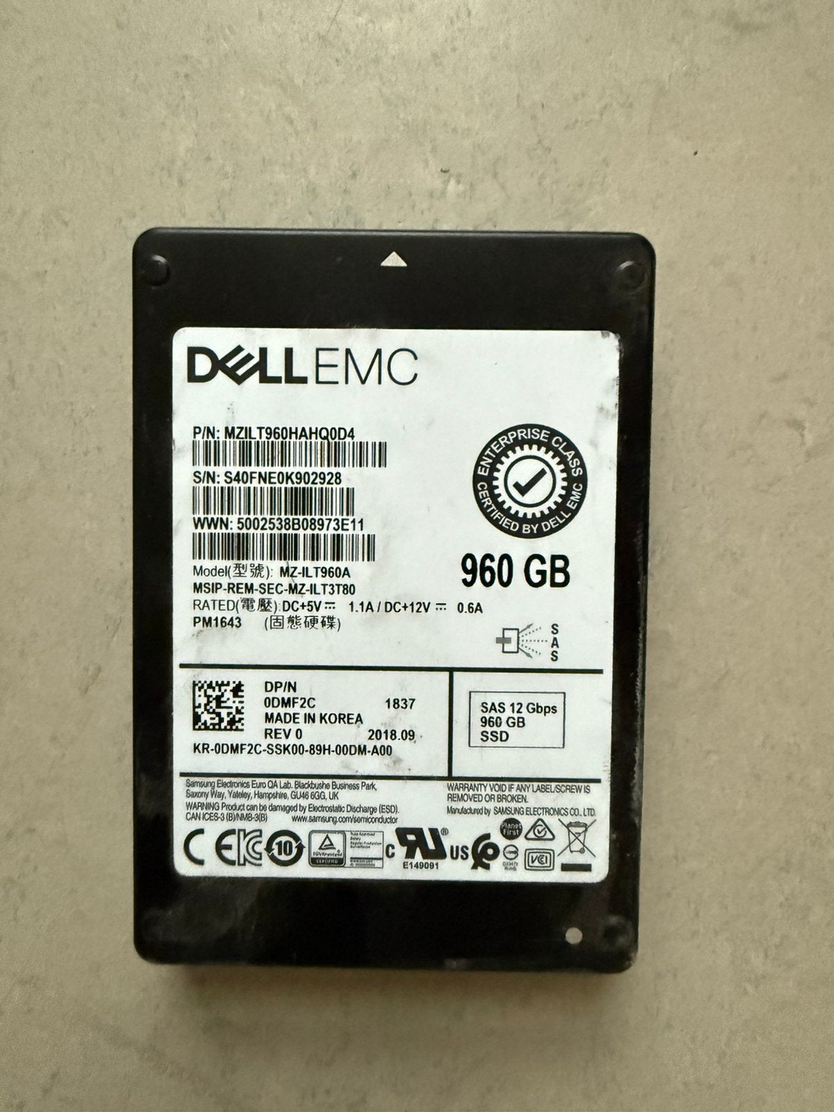 Dell EMC Enterprise Class 960GB SSD, Computers en Software, Ophalen of Verzenden, Zo goed als nieuw, SSD