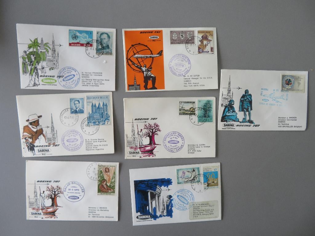 1970,s lotje van 7 FDC eerste dag enveloppen SABENA Boeing, Collections, Enlèvement ou Envoi, Comme neuf, Carte, Photo ou Gravure