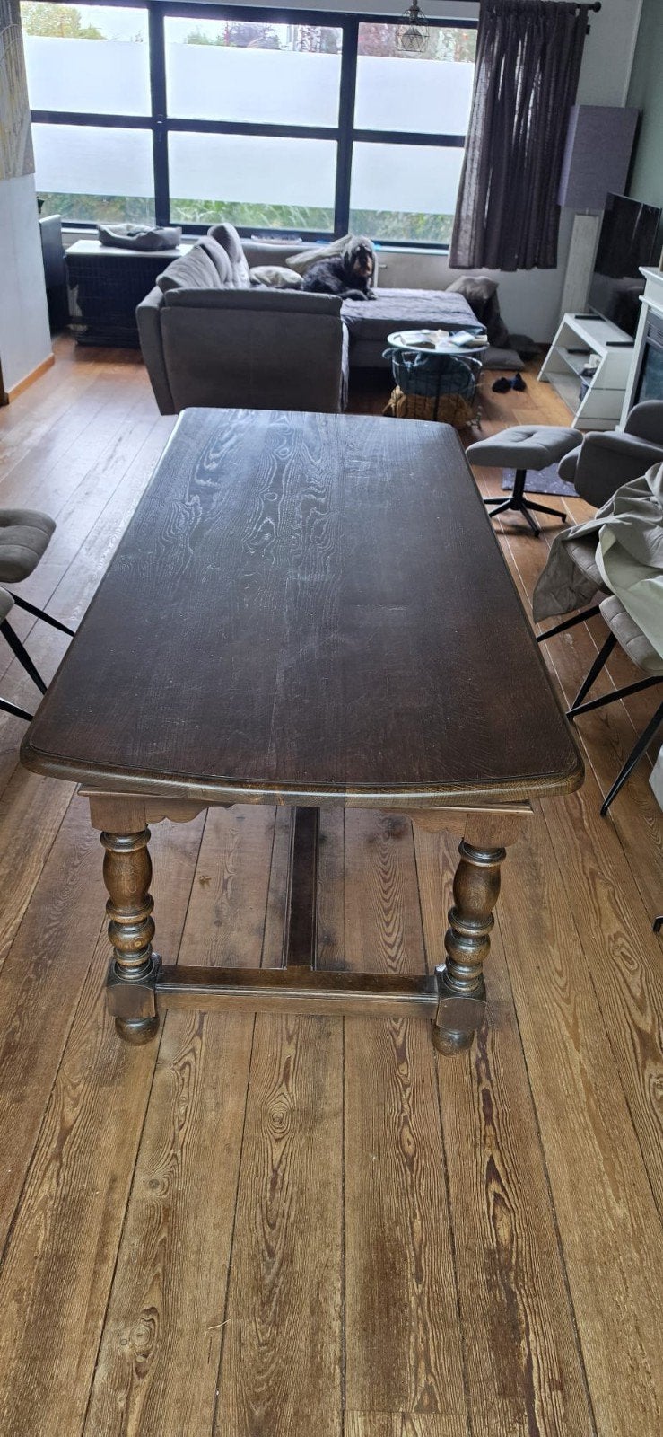 donker handgemaakte eiken tafel + 6 stoelen, Huis en Inrichting, Ophalen
