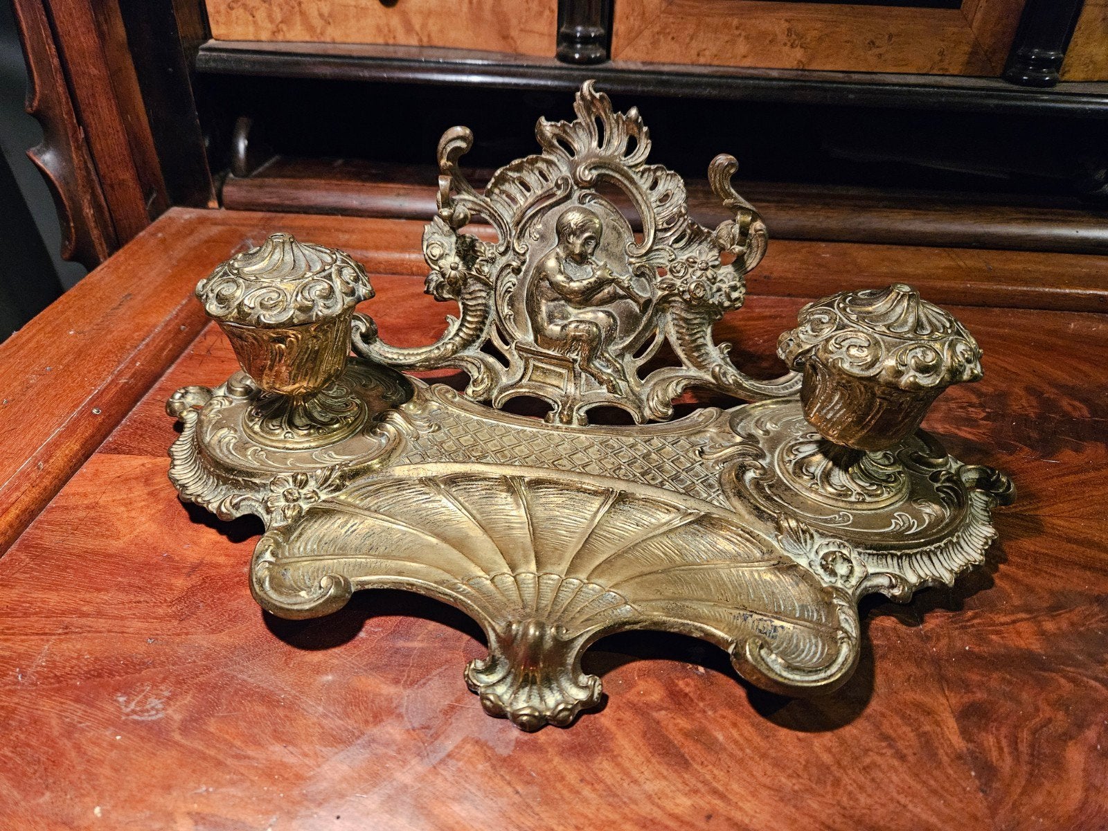 19e eeuwse bronzen dubbele inktpot en pennenhouder - God Pan, Ophalen, Brons