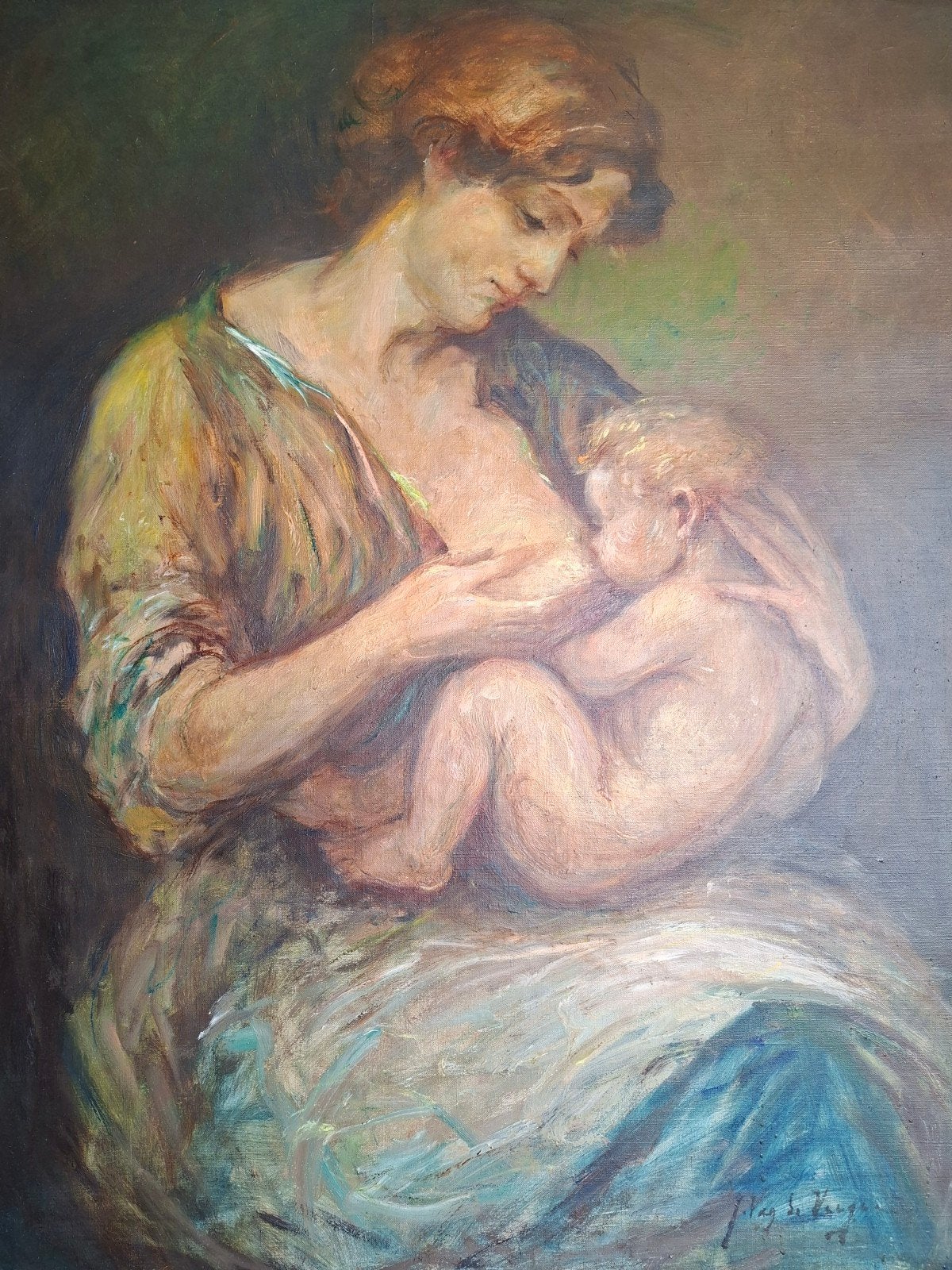 VAN DE VEEGAETE Julien "Borstvoeding" olie op doek - 80x100, Enlèvement, Toile