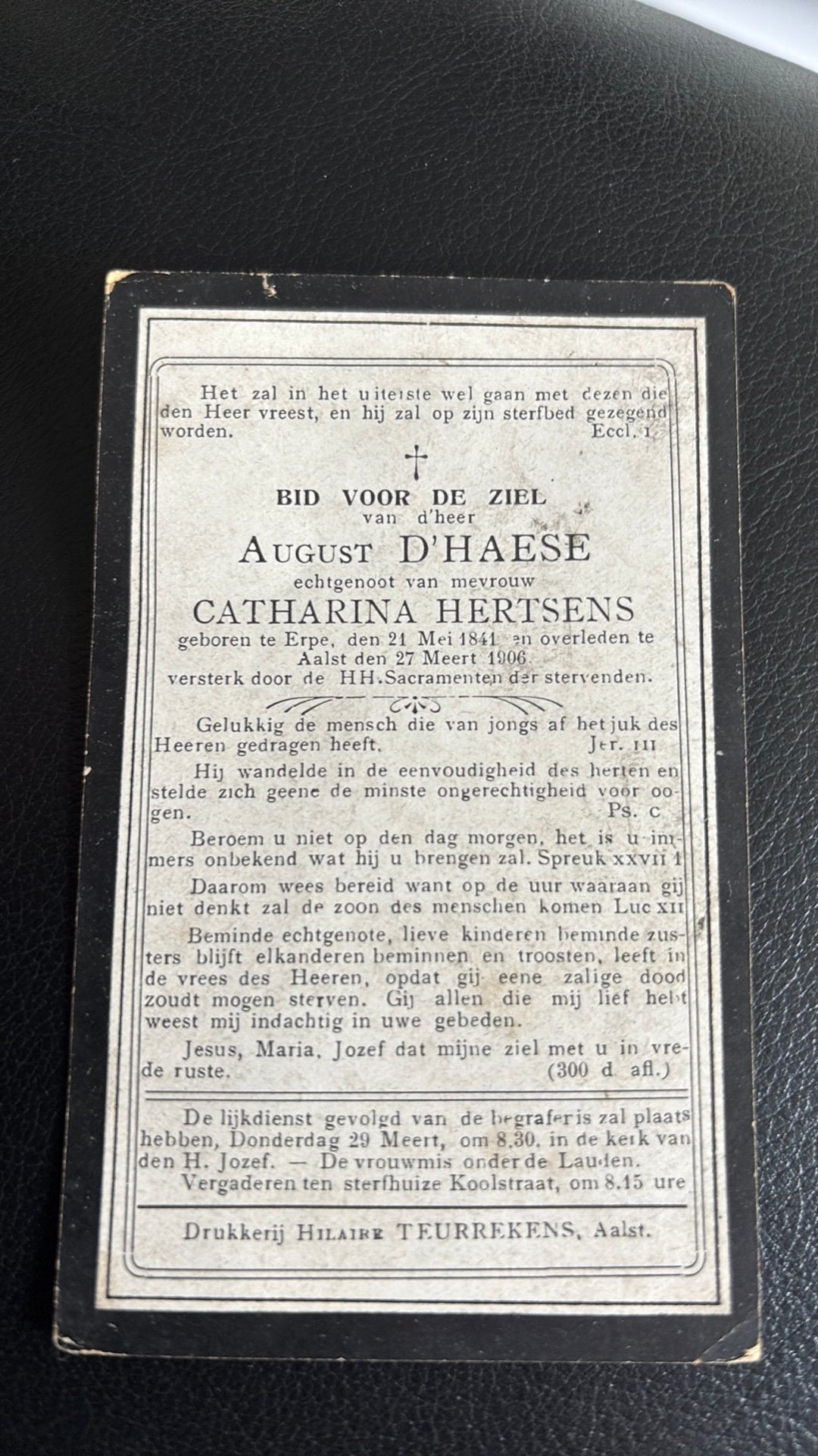 D’Haese August echt. Hertsens Catharina 1841 - 1906, Verzenden, Bidprentje
