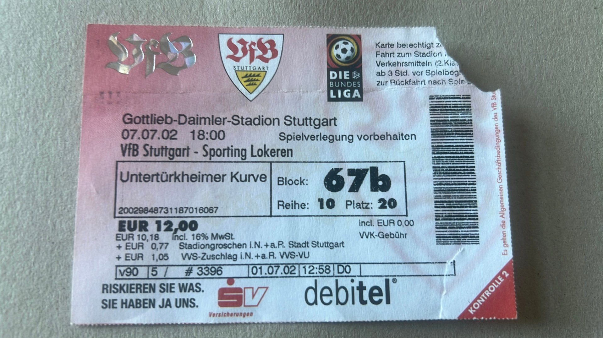 Intertoto 2002-ticket VfB Stuttgart - KSC Lokeren, Verzenden, Gebruikt, Overige typen