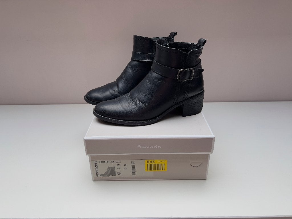 Tamaris 39 – Bottines femme en cuir noir à boucles et zip, Tamaris, Enlèvement ou Envoi, Boots et Botinnes, Noir