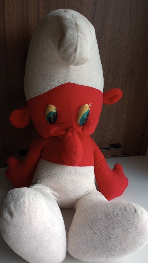 Grote vintage rode Smurf knuffel, jaren '60, Ophalen of Verzenden, Gebruikt, Overige Smurfen, Overige typen