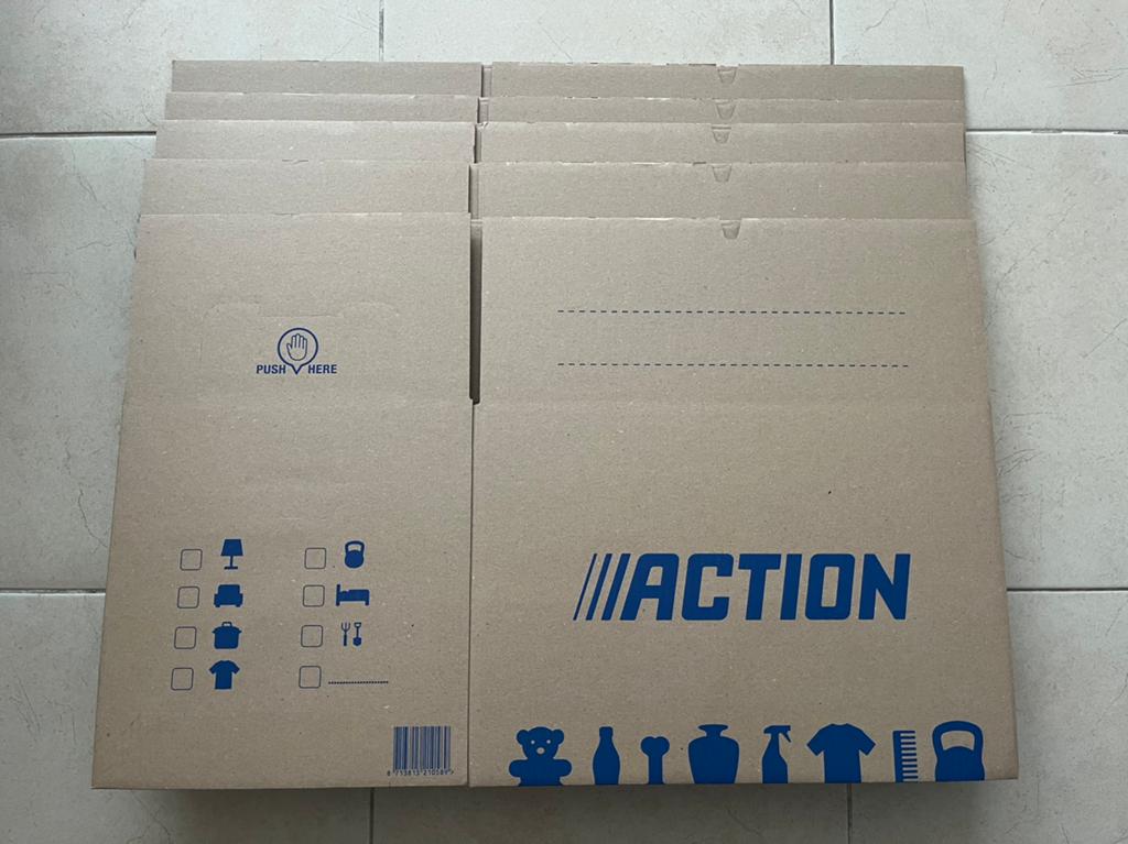 10 verhuisdozen Action: 5 nieuw + 5 gebruikte, Doe-het-zelf en Bouw, Ophalen, Nieuw, Doos