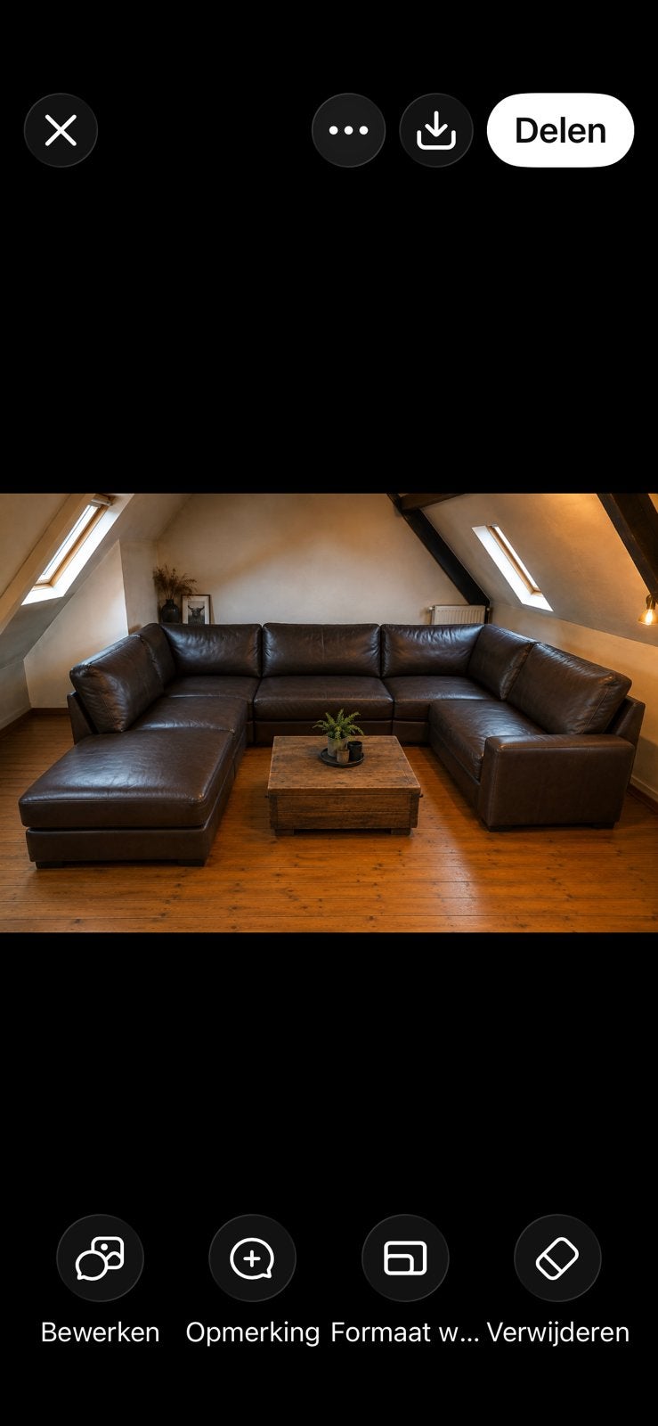 Echt bruin leren hoek salon met longchair, Ophalen, Zo goed als nieuw, Leer