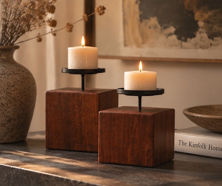 Set van 2 unieke handgemaakte houten kandelaars, Ophalen, Zwart, Nieuw, Kandelaar