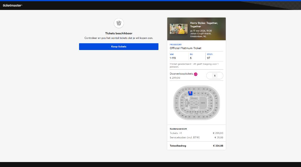 2 top zitplsn tickets voor Harry Styles Amsterdam 17 mei, Deux personnes, Mai