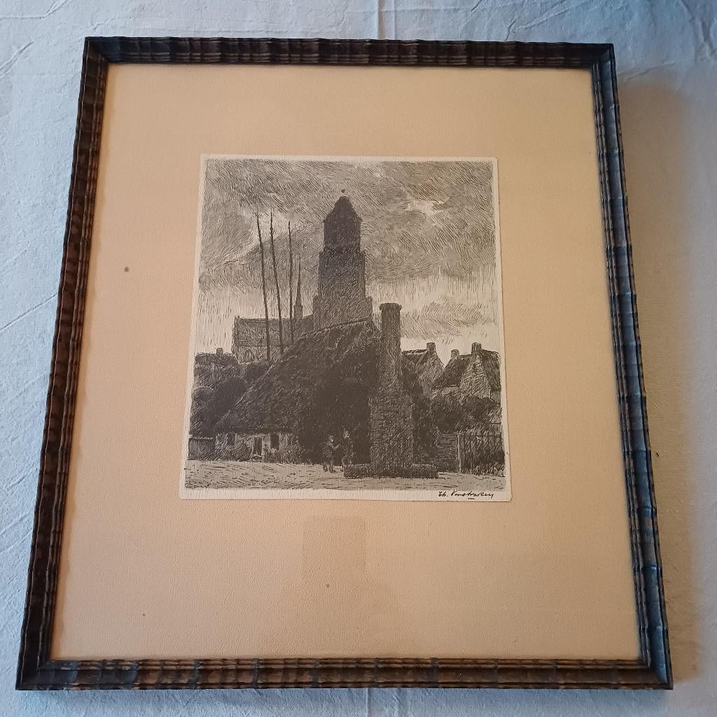 Pentekening Sint-Gummaruskerk Lier, Antiek en Kunst, Kunst | Etsen en Gravures, Ophalen