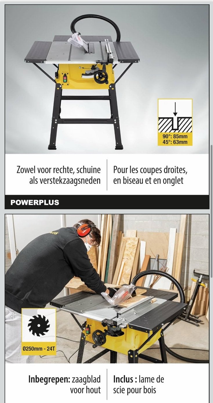 POWERPLUS POWX07595 - Scie à table 2000W Ø 250mm - 1 acc., Bricolage & Construction, 1200 watts ou plus, 70 mm ou plus, Enlèvement