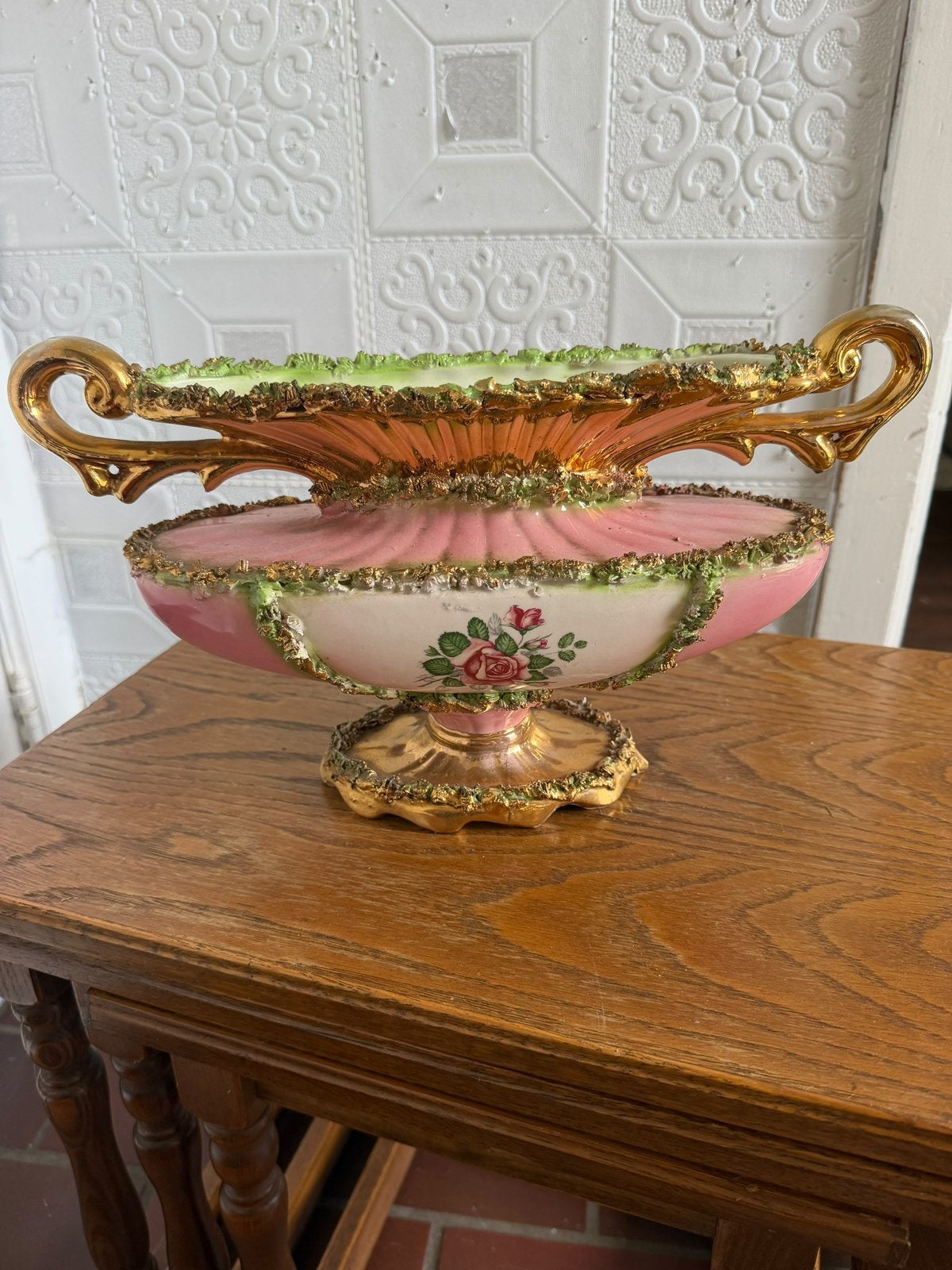 Vintage Italiaanse Porseleinen Schaal op Voet – Goud & Rozen, Ophalen