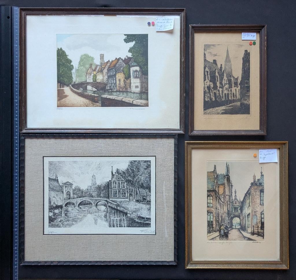LOT van 4 etsen - Stadszichten Brugge - ingekaderd, Enlèvement ou Envoi