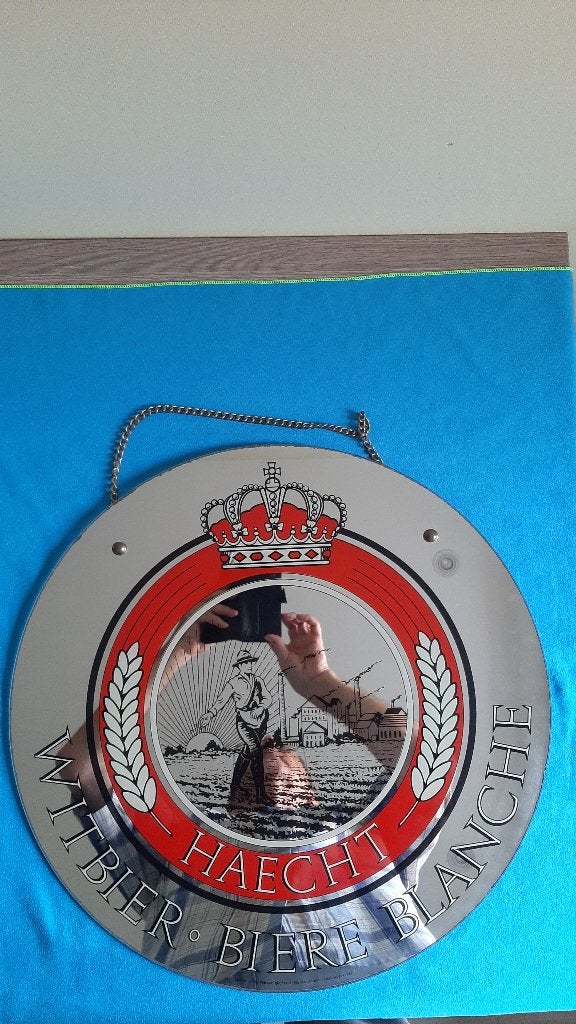 Miroir publicitaire vintage Bière Haecht – Ø 48 cm, Enlèvement, Utilisé, Panneau, Plaque ou Plaquette publicitaire