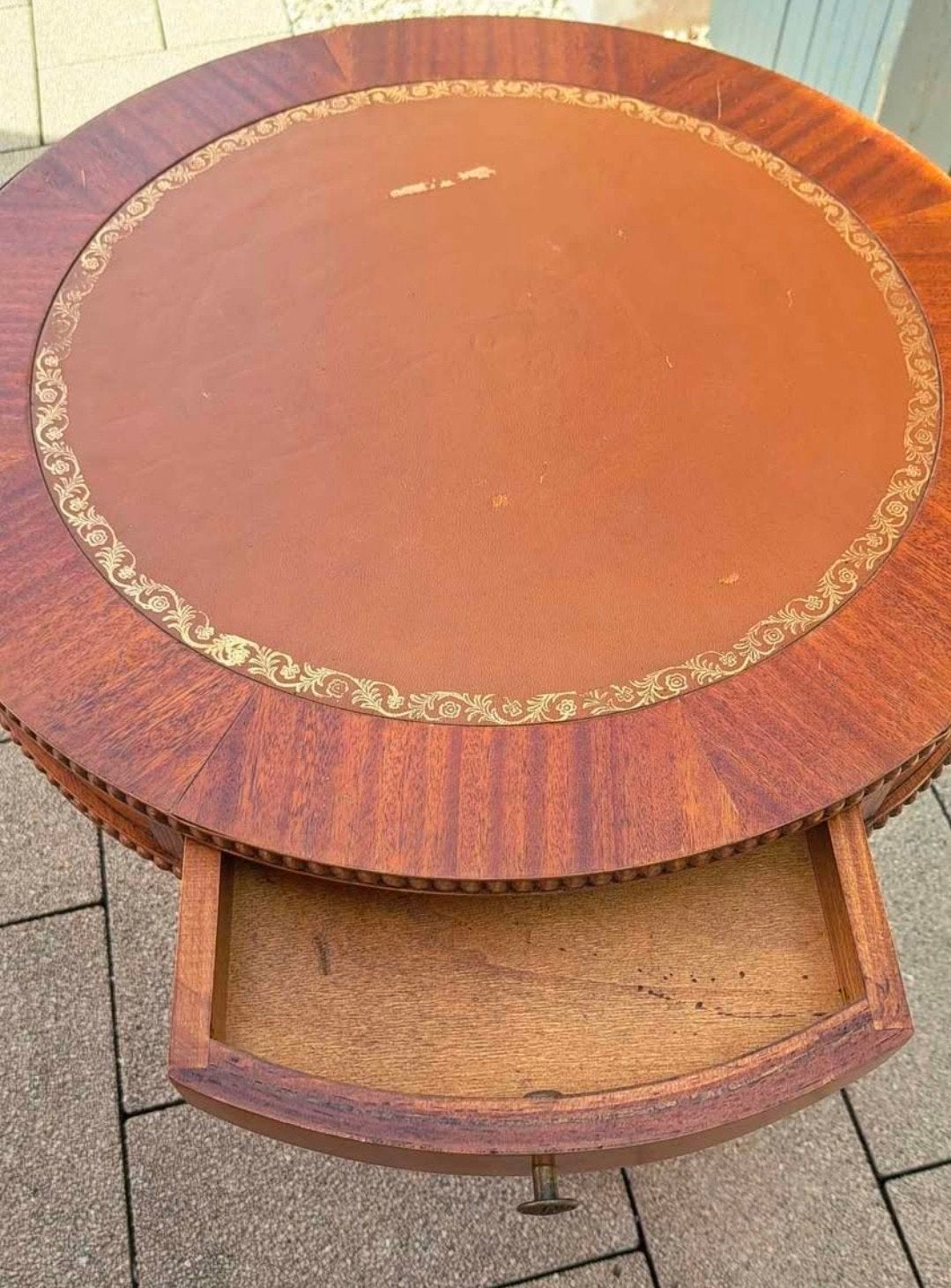 Antieke Mahoniehouten Drumtafel / Guéridon met Leren Blad, Antiek en Kunst, Ophalen