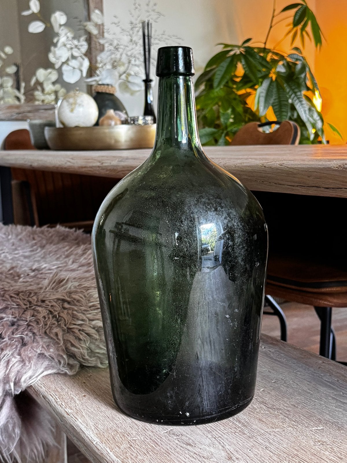 Vintage groene dame-jeanne fles / 40cm, Ophalen