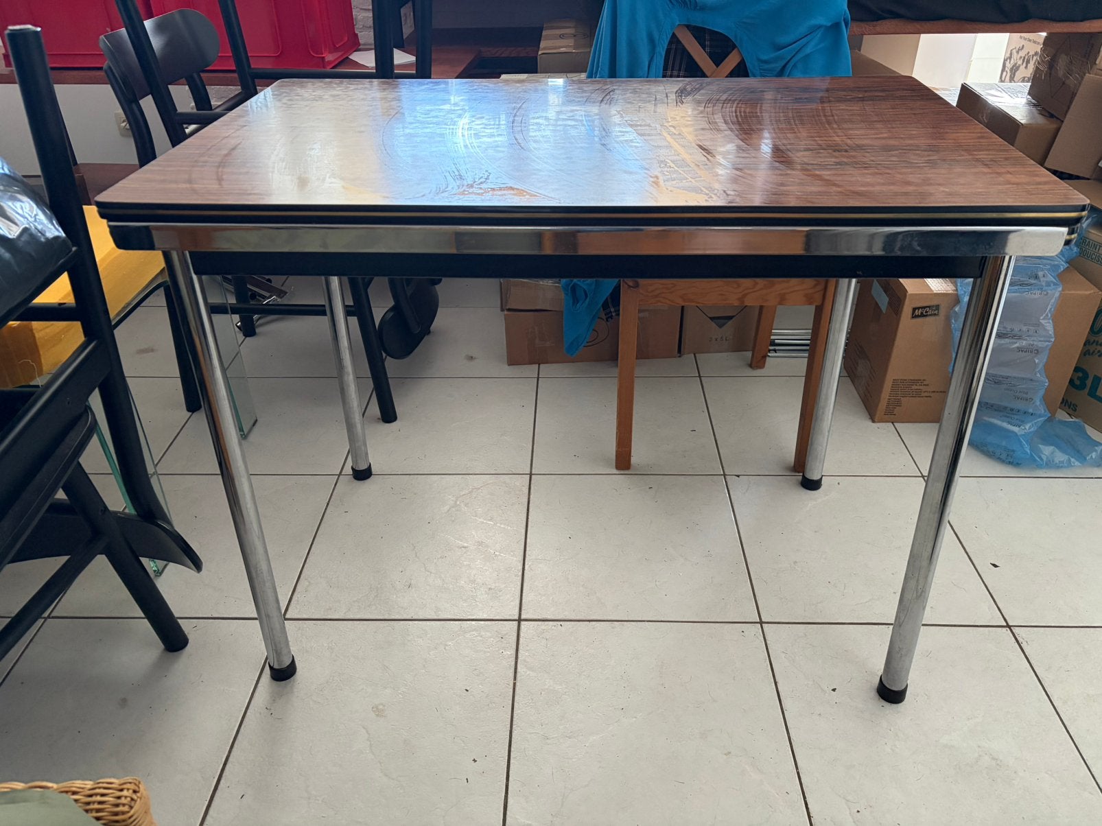 Uitschuifbare retro eettafel + 3 stoelen – 100 tot 166 cm, Ophalen, Gebruikt, Rechthoekig, 50 tot 100 cm