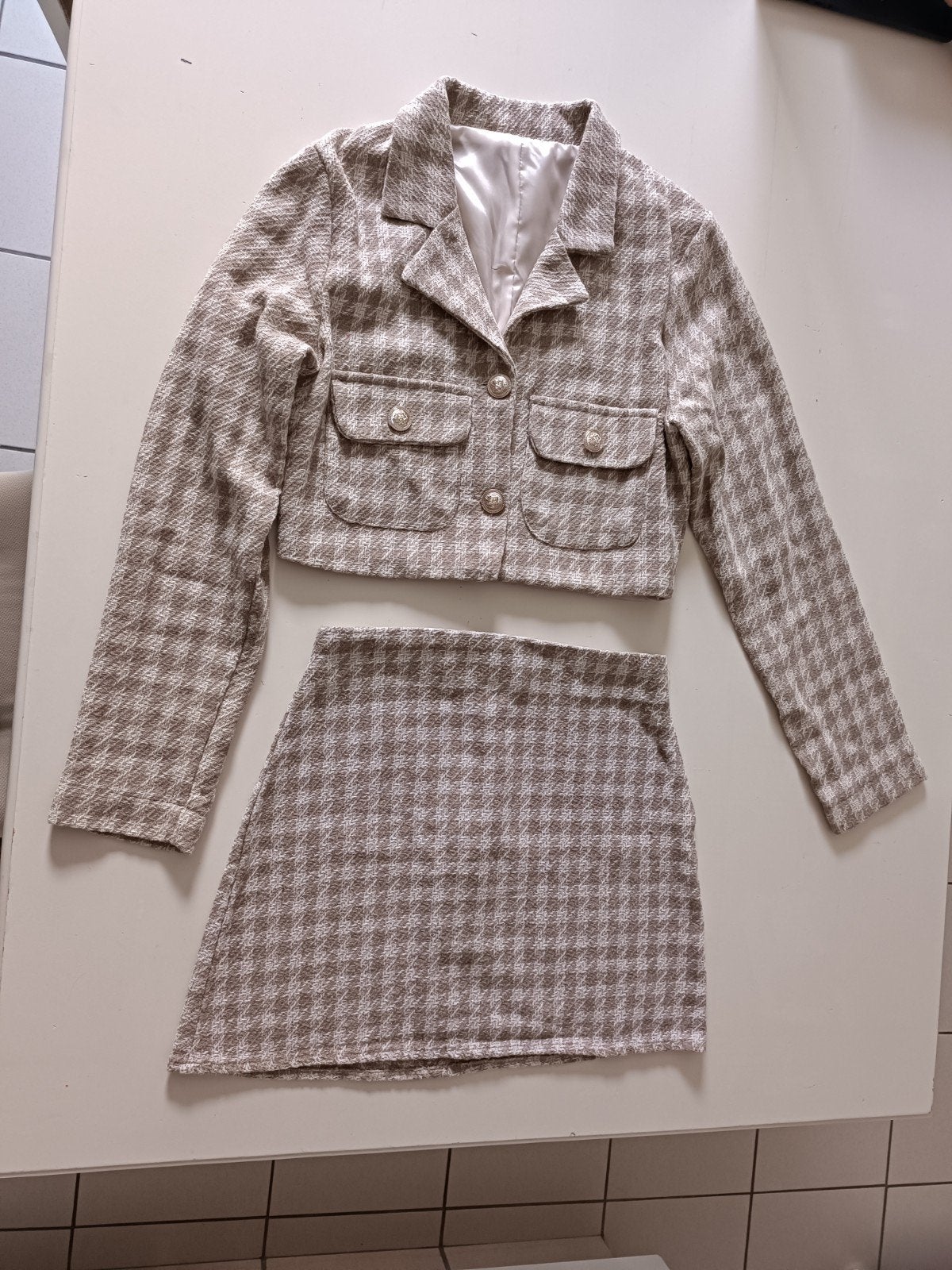Mantelpakje houndstooth, Kleding | Dames, Jassen | Zomer, Ophalen of Verzenden, Zo goed als nieuw, Maat 34 (XS) of kleiner, Beige