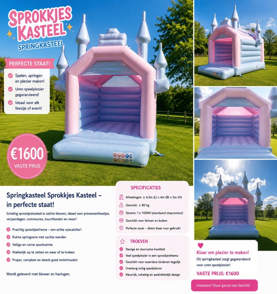 Springkasteel Sprookjes kasteel, Hobby & Loisirs créatifs, Articles de fête | Location, Comme neuf, Enlèvement