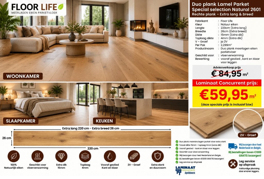 Duo plank Lamel Parket Special selection Natural geolied, Huis en Inrichting, Parket, 75 m² of meer, Nieuw, Beige