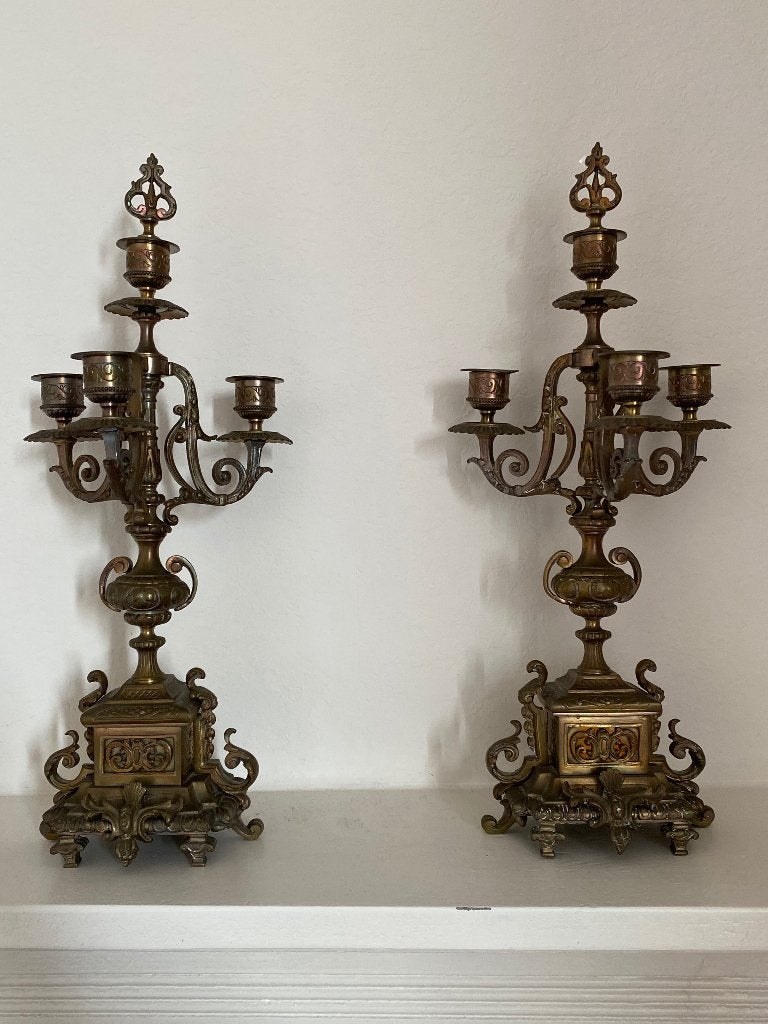 Set van 2 zware bronzen kandelaars (44 cm), Ophalen, Koper of Brons