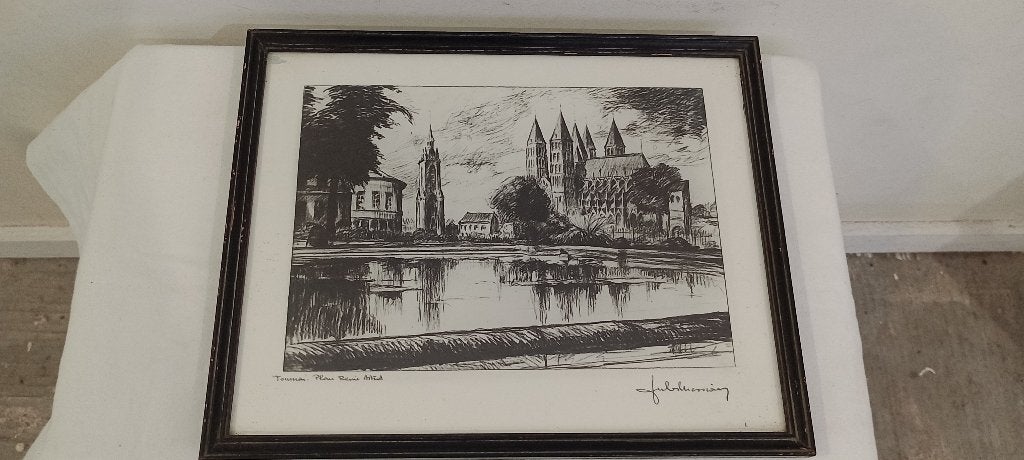 Gravure Tournai Parc Reine Astrid Jules Messiaen,31x25,n678, Antiquités & Art, Enlèvement ou Envoi, Gravure