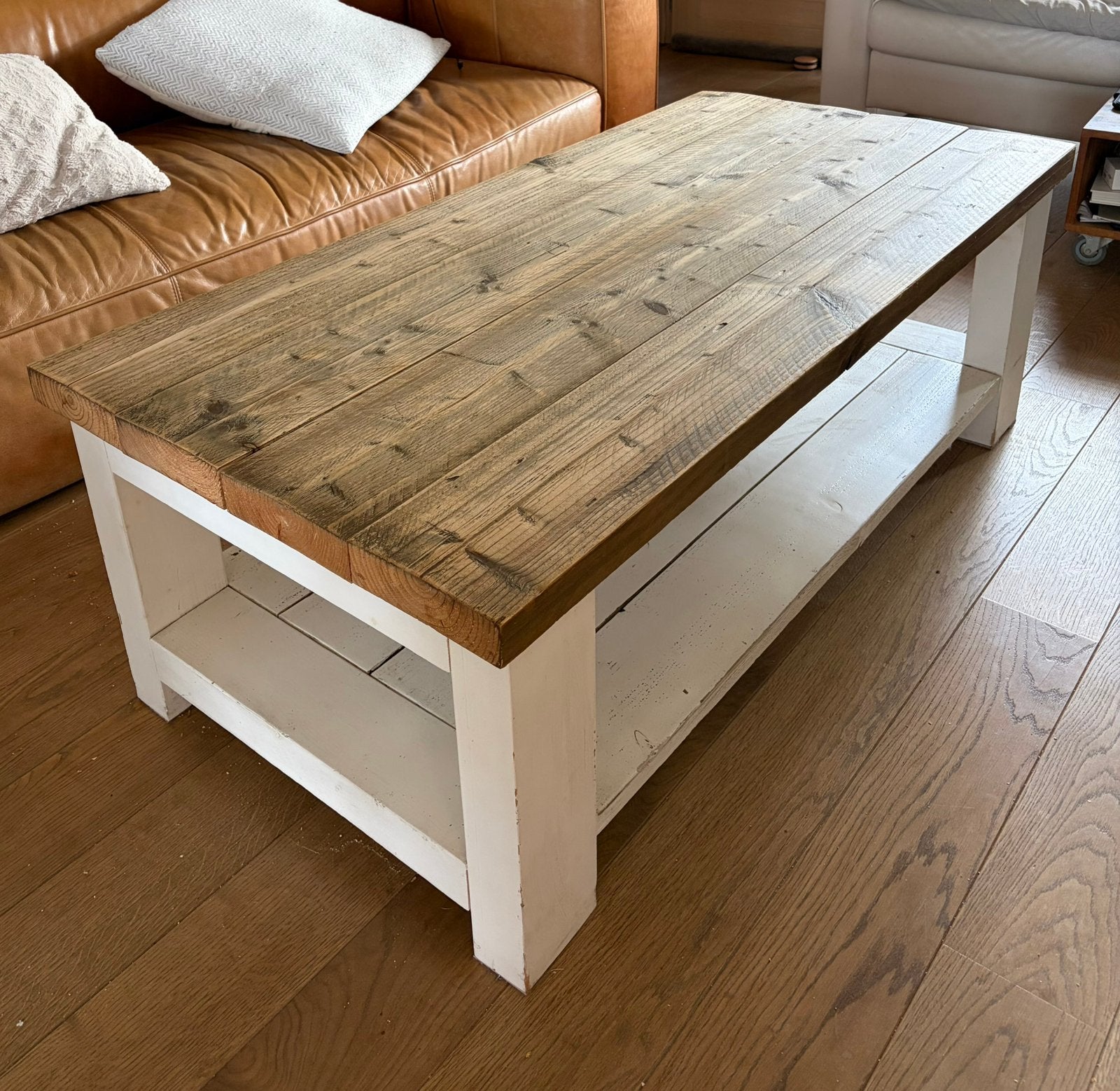 Robuuste steigerhouten salontafel – €85, Landelijk, Enlèvement, Utilisé, 50 à 100 cm