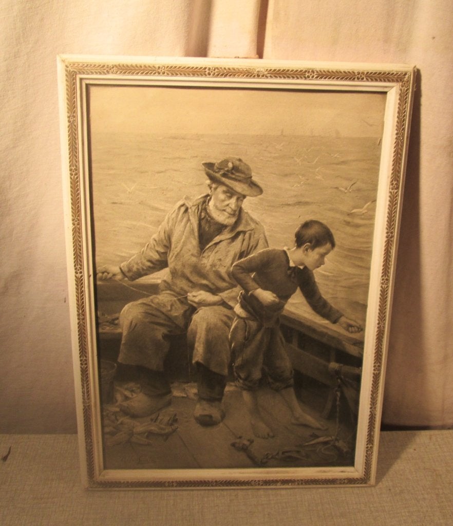 Belle gravure ancienne 'Pêcheur avec fils' - 36x26 - signée, Enlèvement ou Envoi, Vie quotidienne, Gravure, Encadré