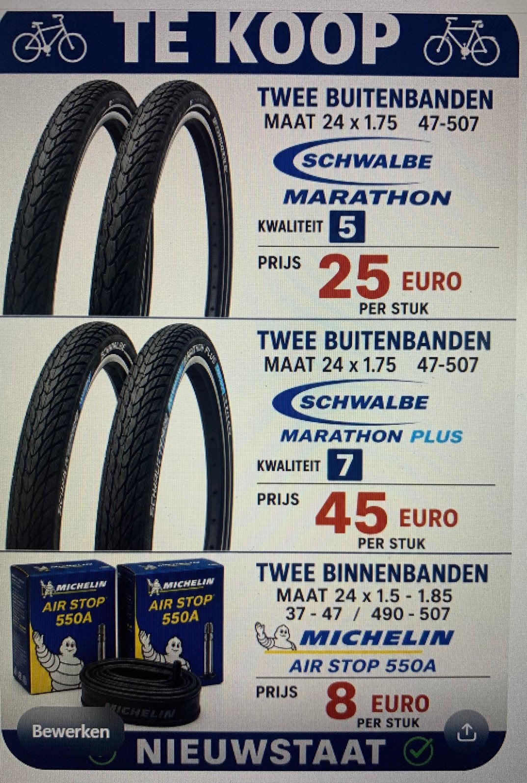 Buiten en binnenbanden 24” x 1.75, Ophalen, Nieuw, Band, Rubber
