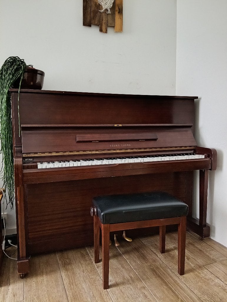 Young Chang Akoestische oefenpiano (Donkerbruin) met kruk, Ophalen, Gebruikt, Bruin, Piano