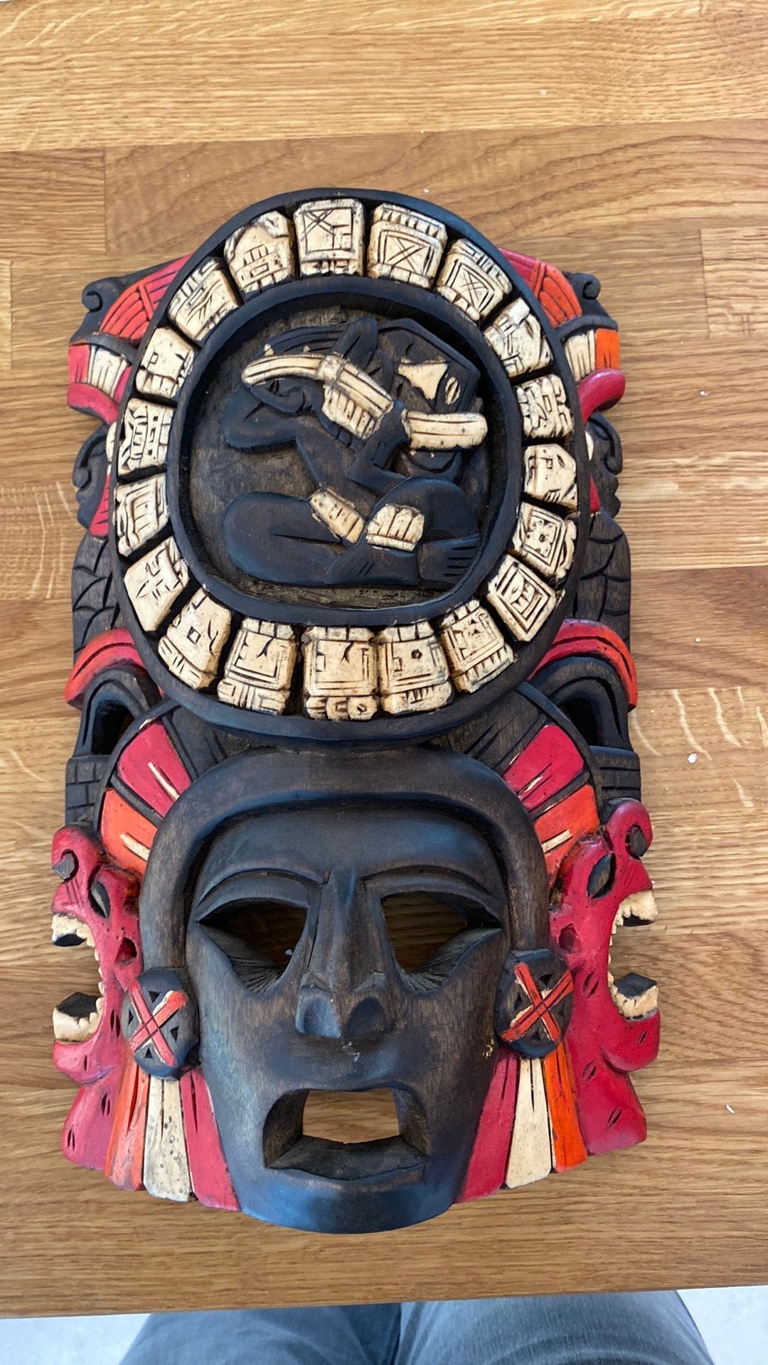 Masque Maya en bois – Déco Mexique / Yucatán (30x20cm), Antiquités & Art, Peint, Orange, Mexique, Envoi