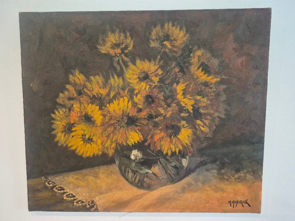 Olieverfschilderij zonnebloemen gehandtekend, Ophalen