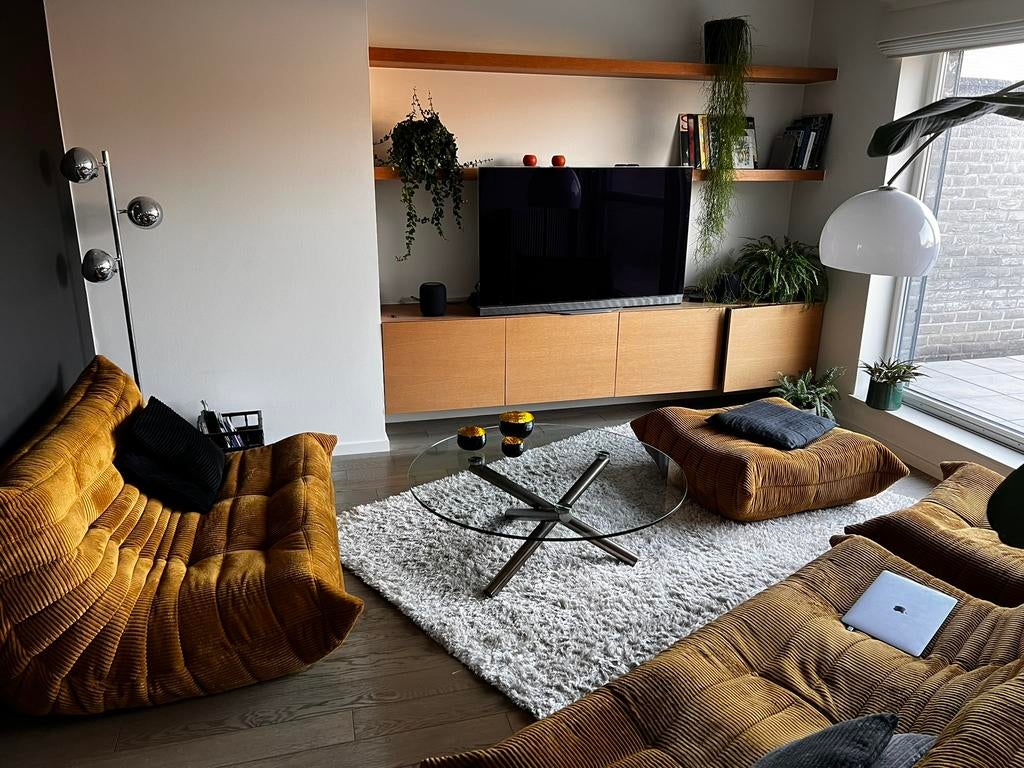 Design ronde glazen salontafel – metalen onderstel – 105 cm, Ophalen, Gebruikt, 100 tot 150 cm, Rond