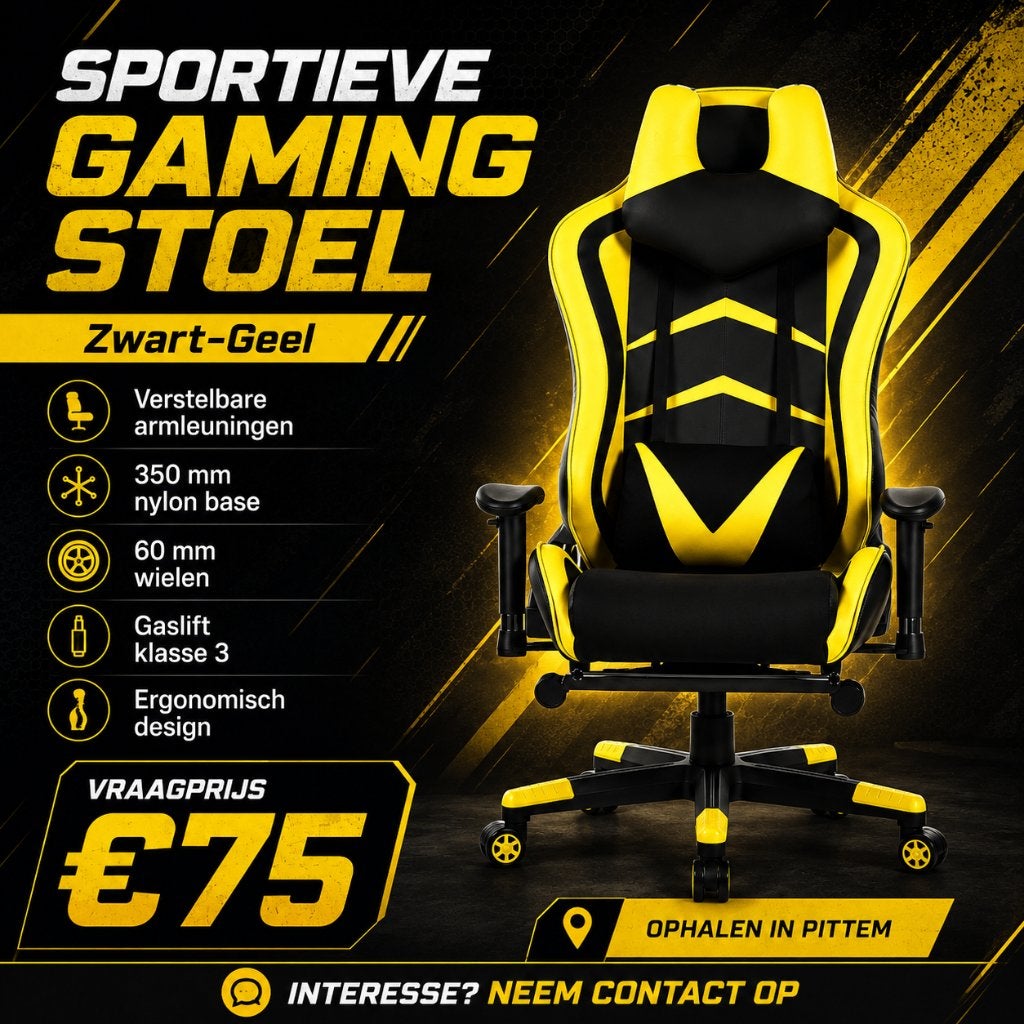 Gaming Stoel Zwart-Geel | Ergonomische Bureaustoel, Geel, Nieuw, Ophalen of Verzenden, Ergonomisch