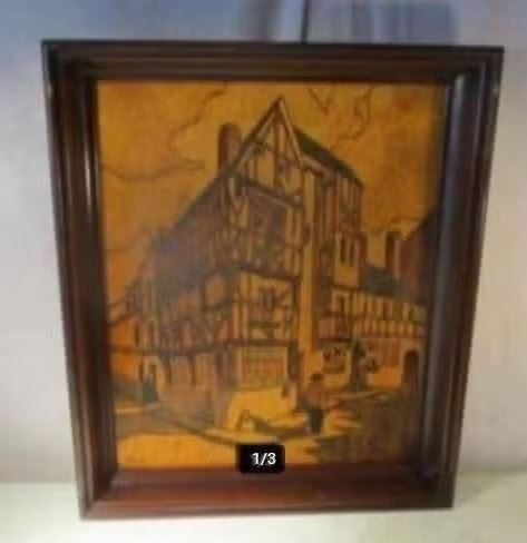 Prachtig Kunstwerk in hout 'Vakwerkhuisjes' - Michelli, Ophalen of Verzenden, Beschilderd, Hout, Houtsnijwerk