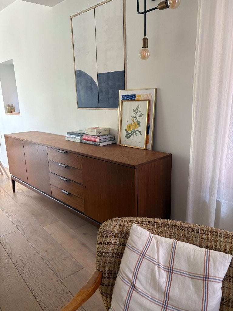 Grand sideboard vintage en teck 240 cm - restauré, Teck, Avec tiroir(s), 25 à 50 cm, 200 cm ou plus