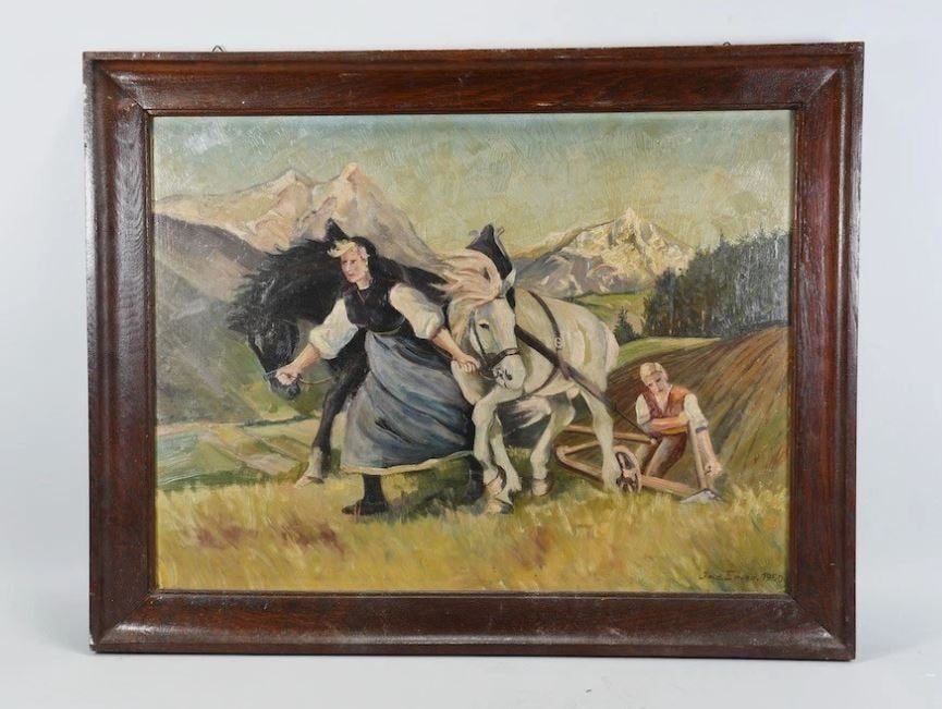 antiek schilderij ``Alpen Landleven`` 1950 op paneel, Ophalen, Paneel, Gedateerd, Olieverf
