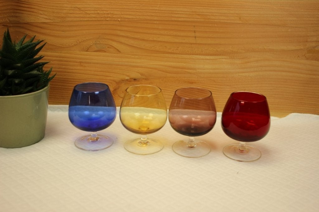 Vintage 4 gekleurde cognac glazen, Ophalen of Verzenden, Gebruikt