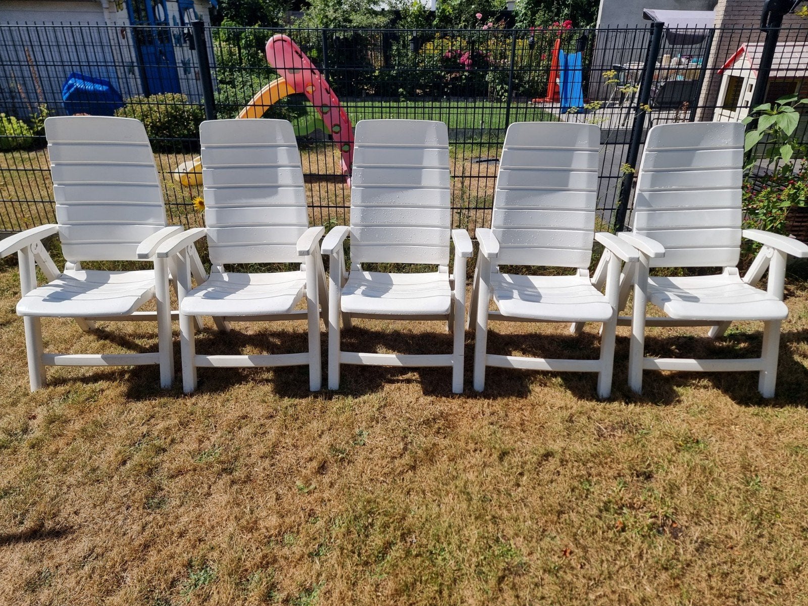 5 Hartman tuinstoelen + 6 kussens, Ophalen, Gebruikt, Kunststof, Inklapbaar