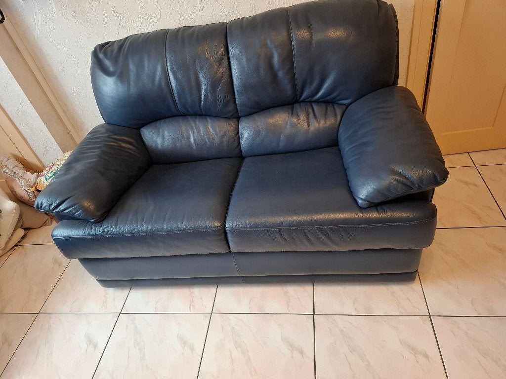 Canapé cuir bleu 3 pl. + 2 pl. à vendre, Voir photos, Comme neuf, Enlèvement, Cuir