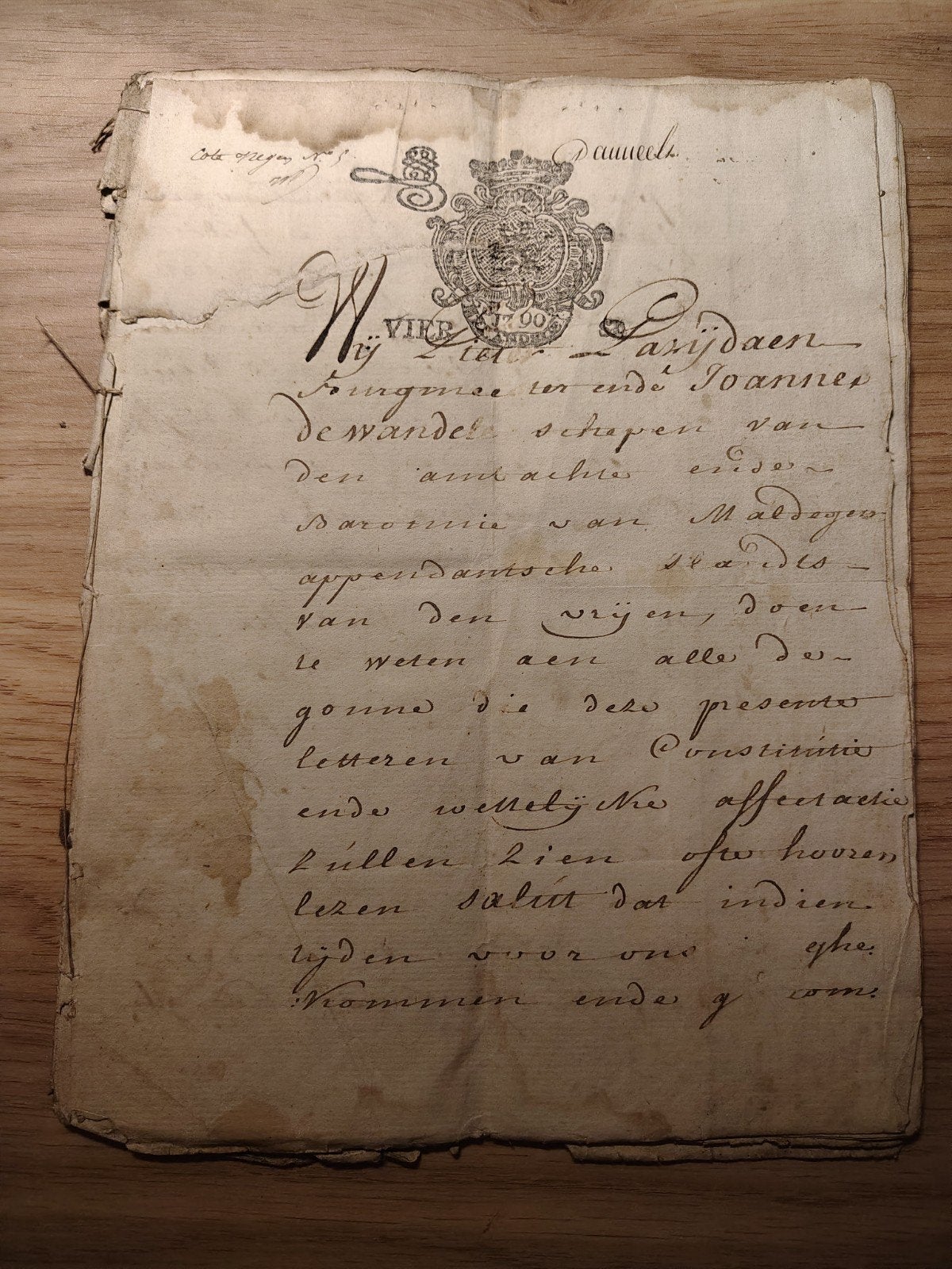 Maldegem Burgemeester 1790 UNIEK HISTORISCH DOCUMENT, Ophalen of Verzenden