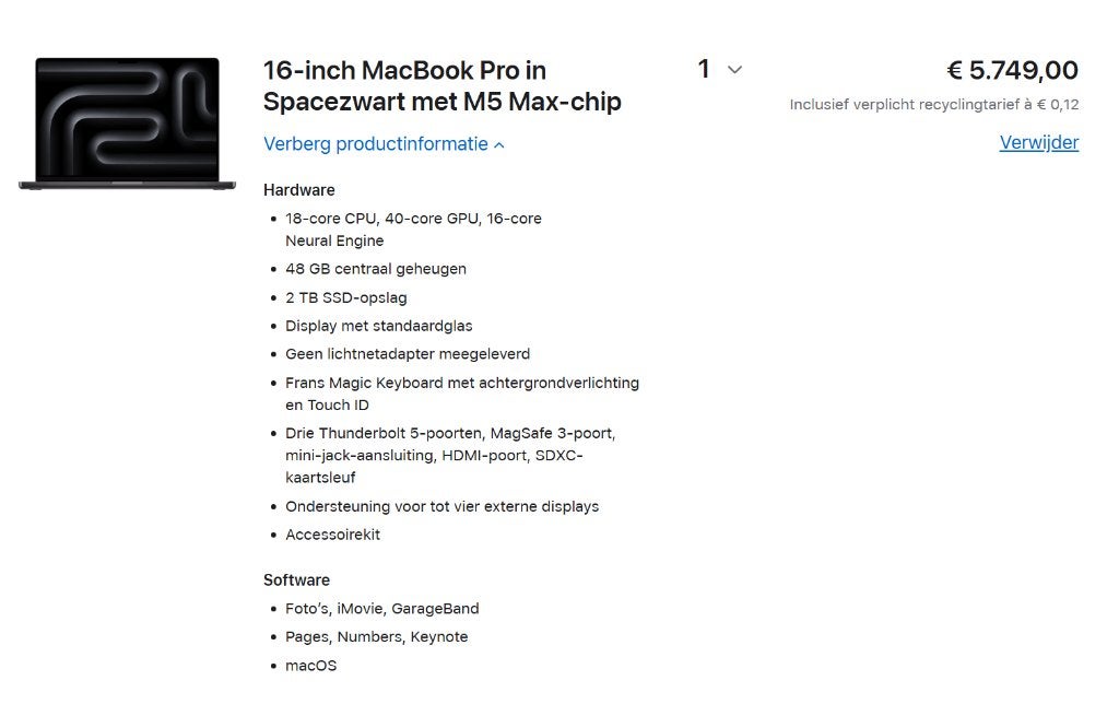 Macbook Pro 16" M5 MAX 18C CPU 40C GPU 48GB 2TB, Computers en Software, Apple Macbooks, MacBook Pro, 1 TB of meer, Nieuw, Ophalen of Verzenden