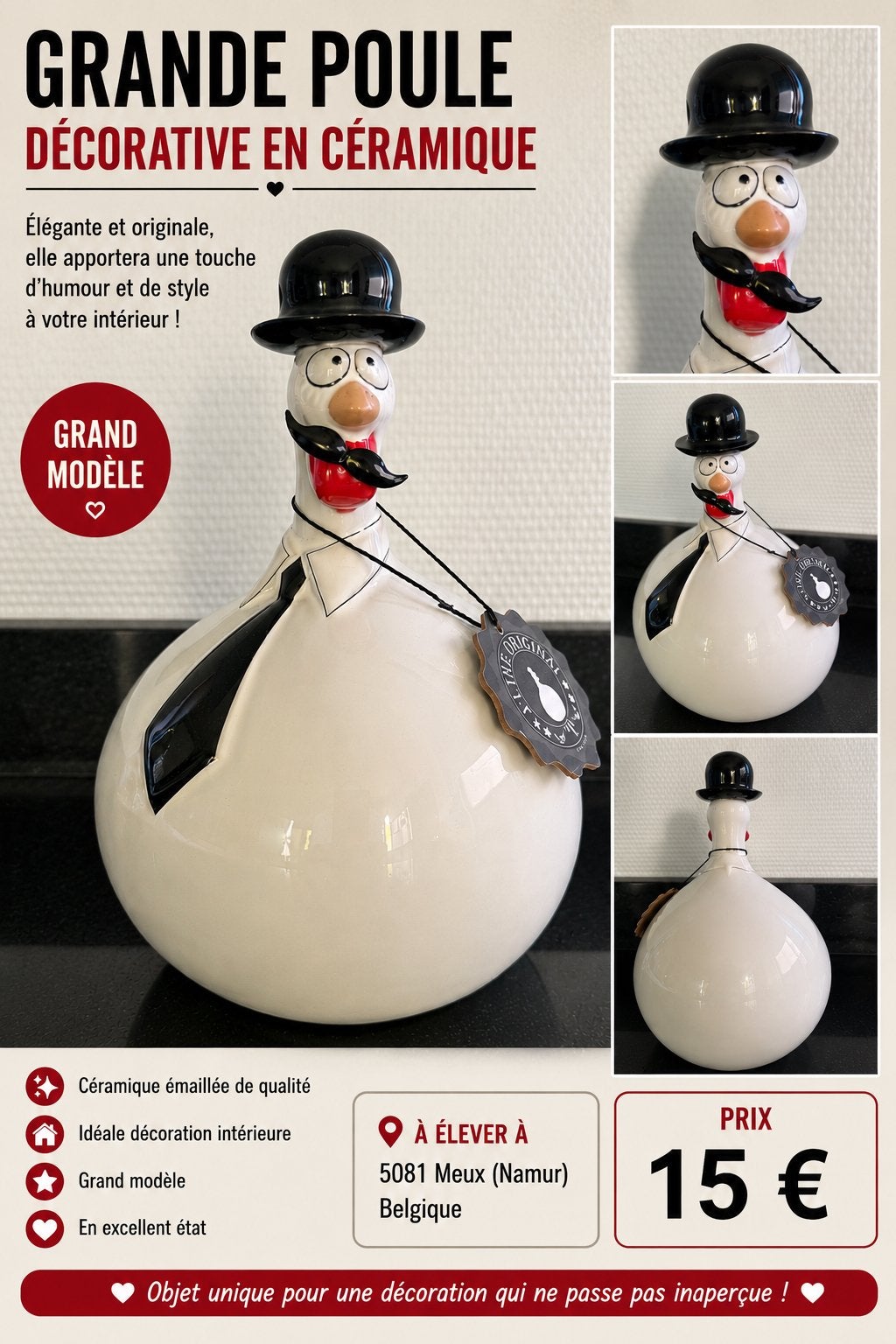 Grande poule J-Line en céramique, Collections, Enlèvement, Comme neuf