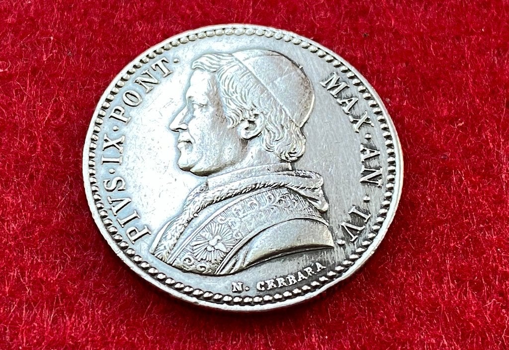 Rare Ancienne Pièce de 20 Baiocchi de 1849 R en Argent, Antiquités & Art, Antiquités | Argent & Or, Enlèvement ou Envoi, Argent