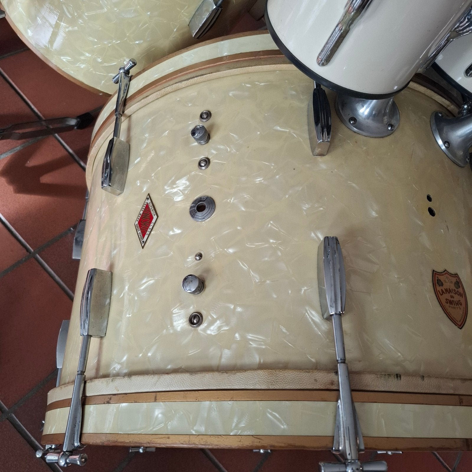 vintage sonorus drumstel jaren 50 met bijpassende Bongo's, Ophalen